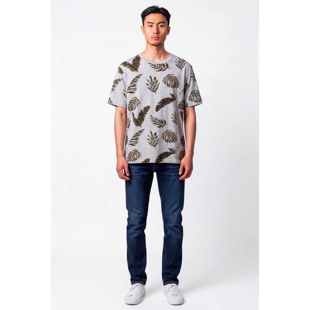 Free Planet Short Sleeve T Shirt Tropical Leaf Print Crew Neck Dark Green Black